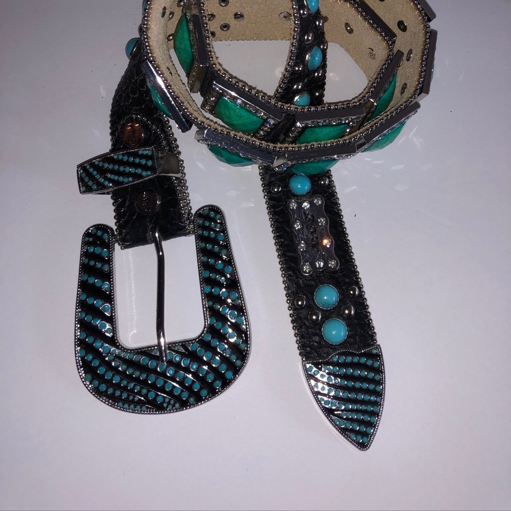BHW Leather Western Cowgirl Bling Aqua/Turquoise/Rhinestone black Belt &buckle L